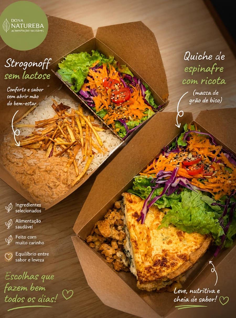 Marmitas de strogonoff sem lactose e quiche de espinafre com ricota